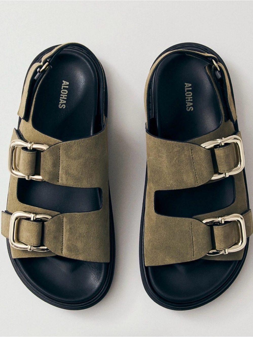 ALOHAS Khaki Suede Double-Buckle Women’s  Sandals with Black Footbed